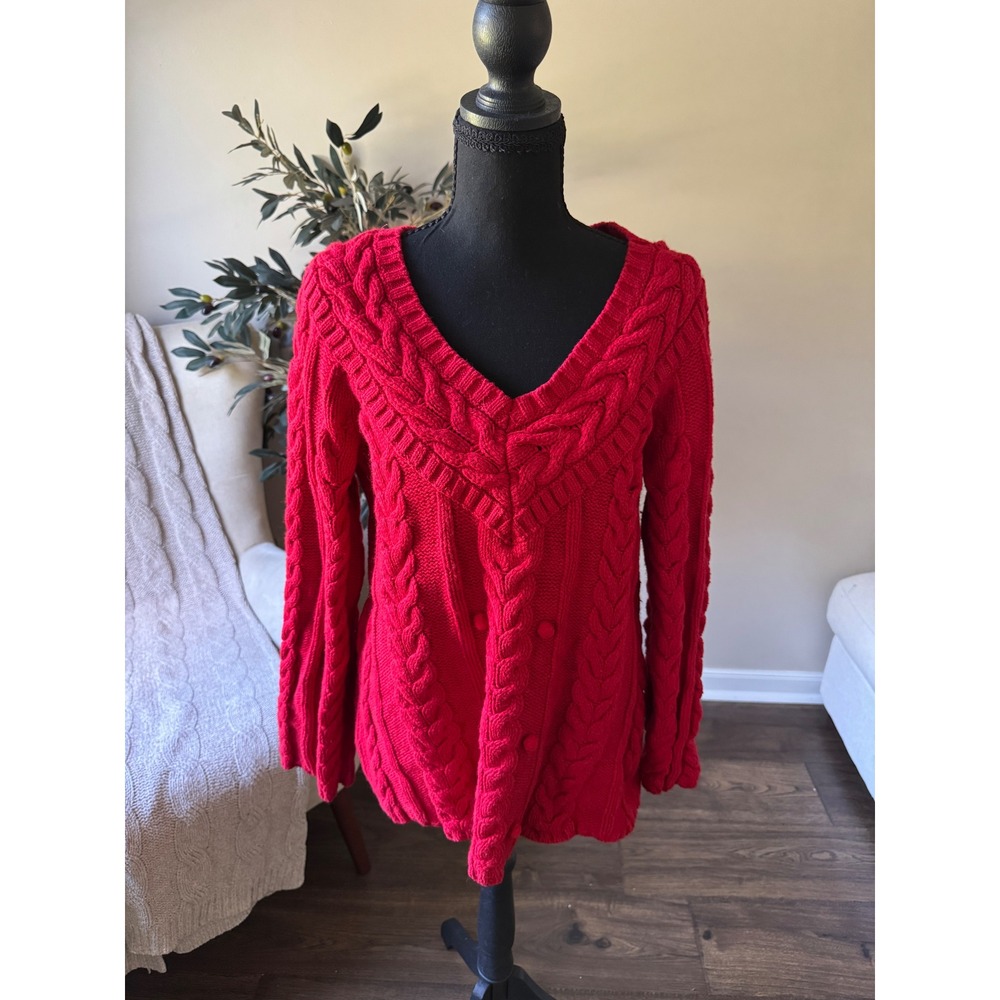 Vintage Old Navy Red Cable Knit V-Neck Sweater Womens XL Chunky Pullover